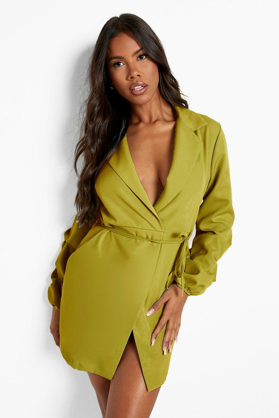 Olive green Ruched Sleeve Wrap Front Blazer Dress