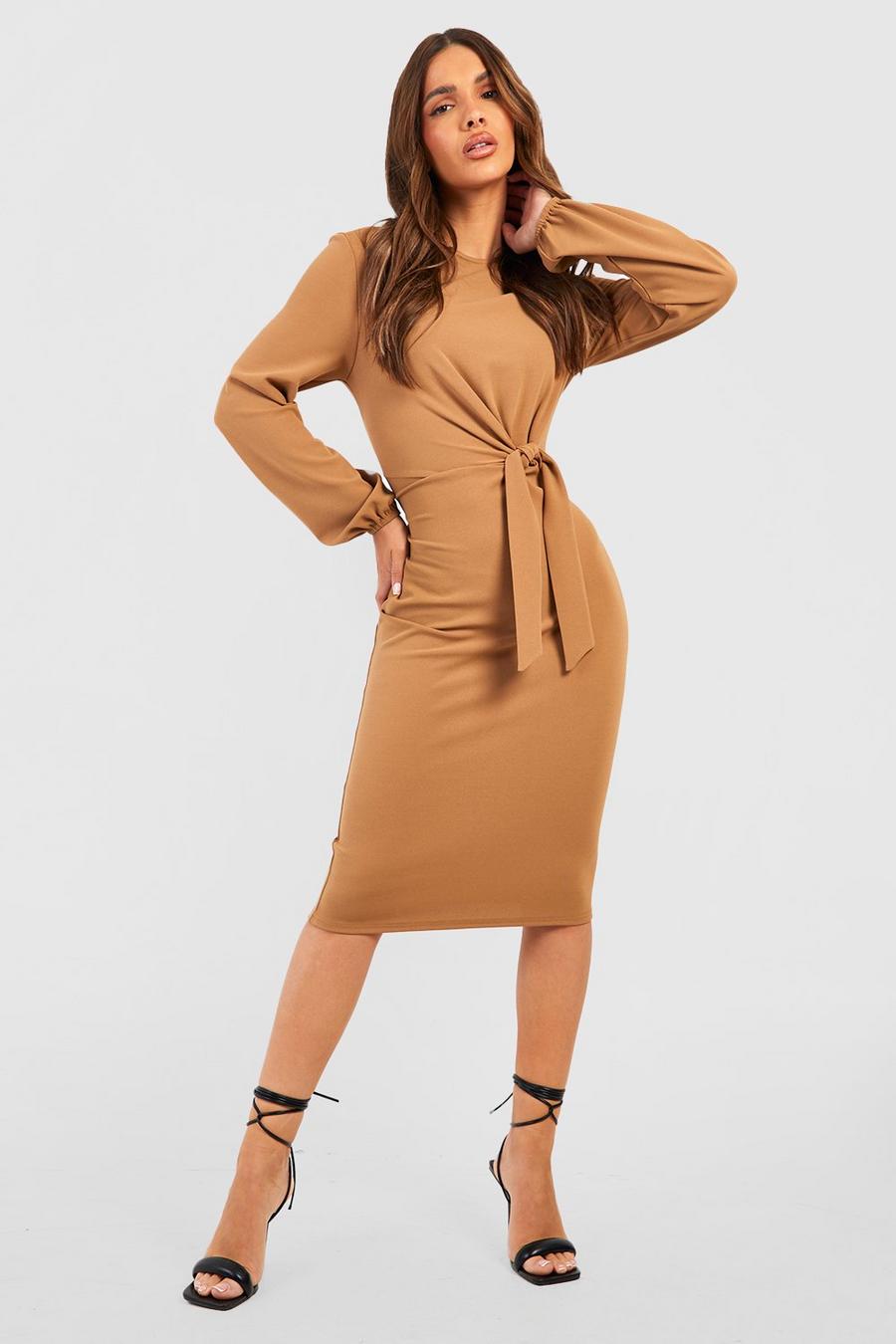 Camel Tailored Knot Detail Midi Dress image number 1