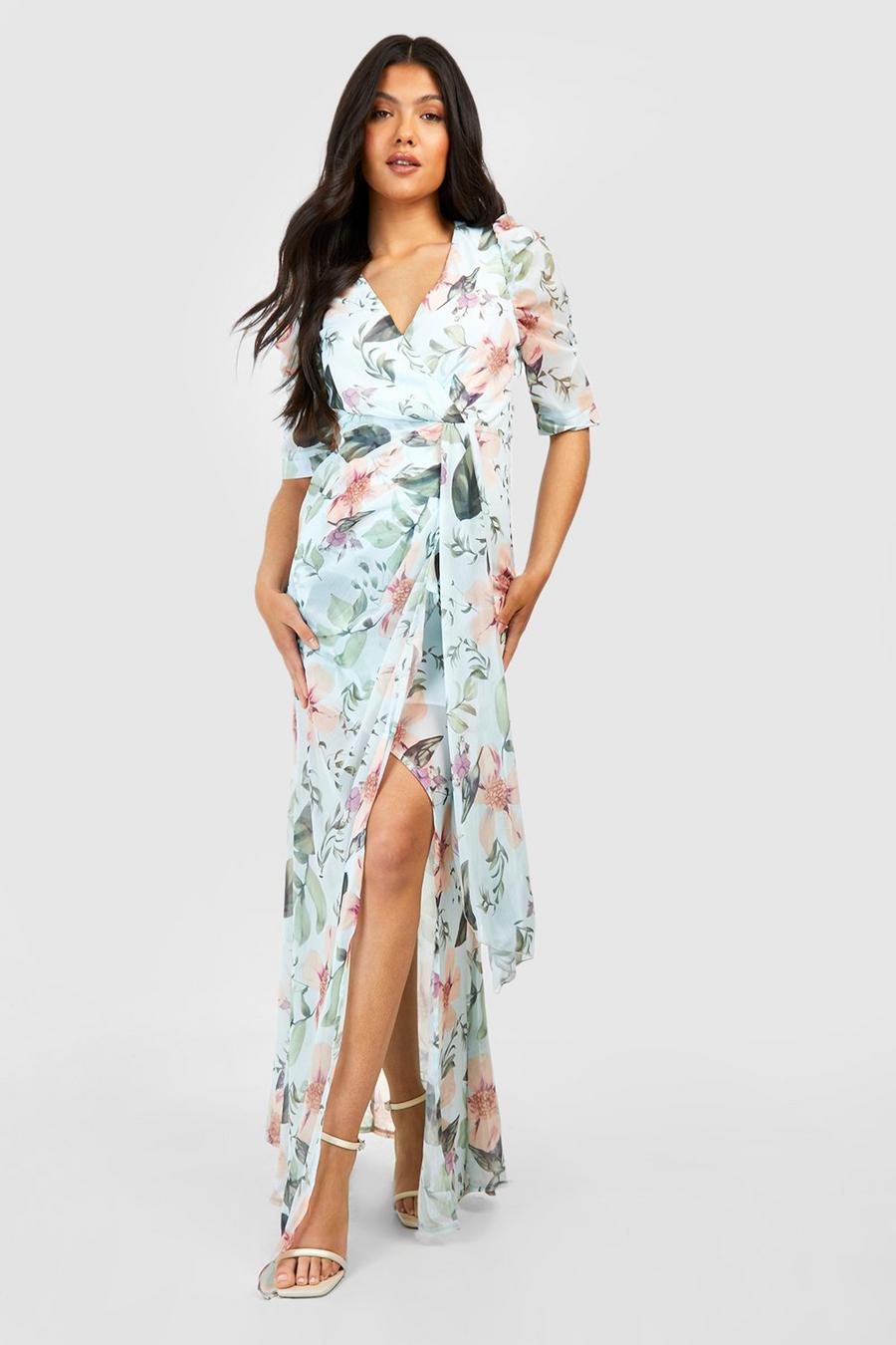 Blue Maternity Occasion Floral Puff Sleeve Maxi Dress