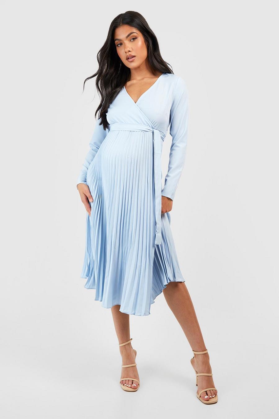 Blue Maternity Occasion Pleated Wrap Midi Dress image number 1