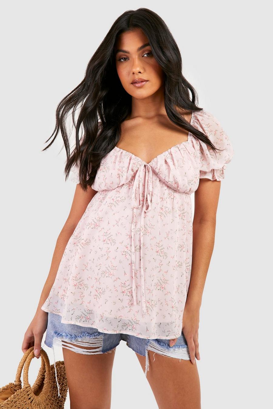 Baby pink Maternity Floral Puff Sleeve Smock Top image number 1