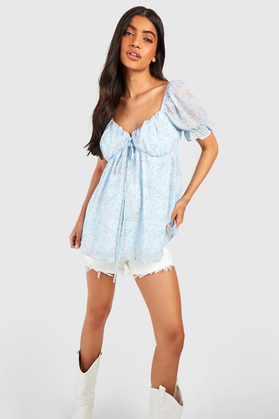 Blue Maternity Floral Puff Sleeve Smock Top