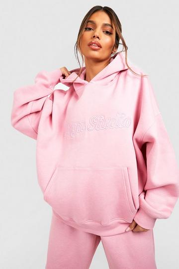 3D Tonal Embroidered Slogan Oversized Hoodie pink
