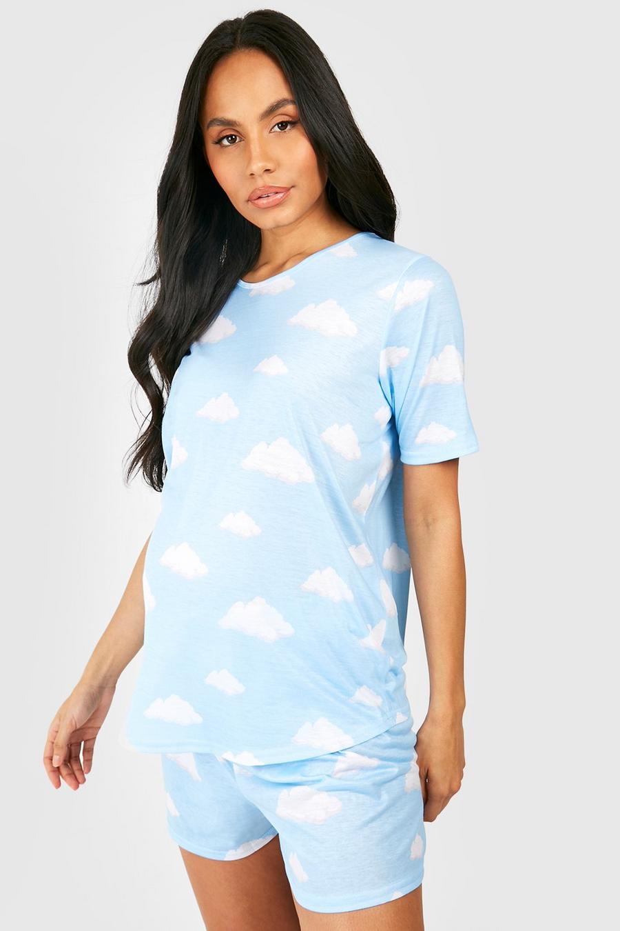 Blue Zwangerschap Wolken Print Pyjama Set Met Shorts