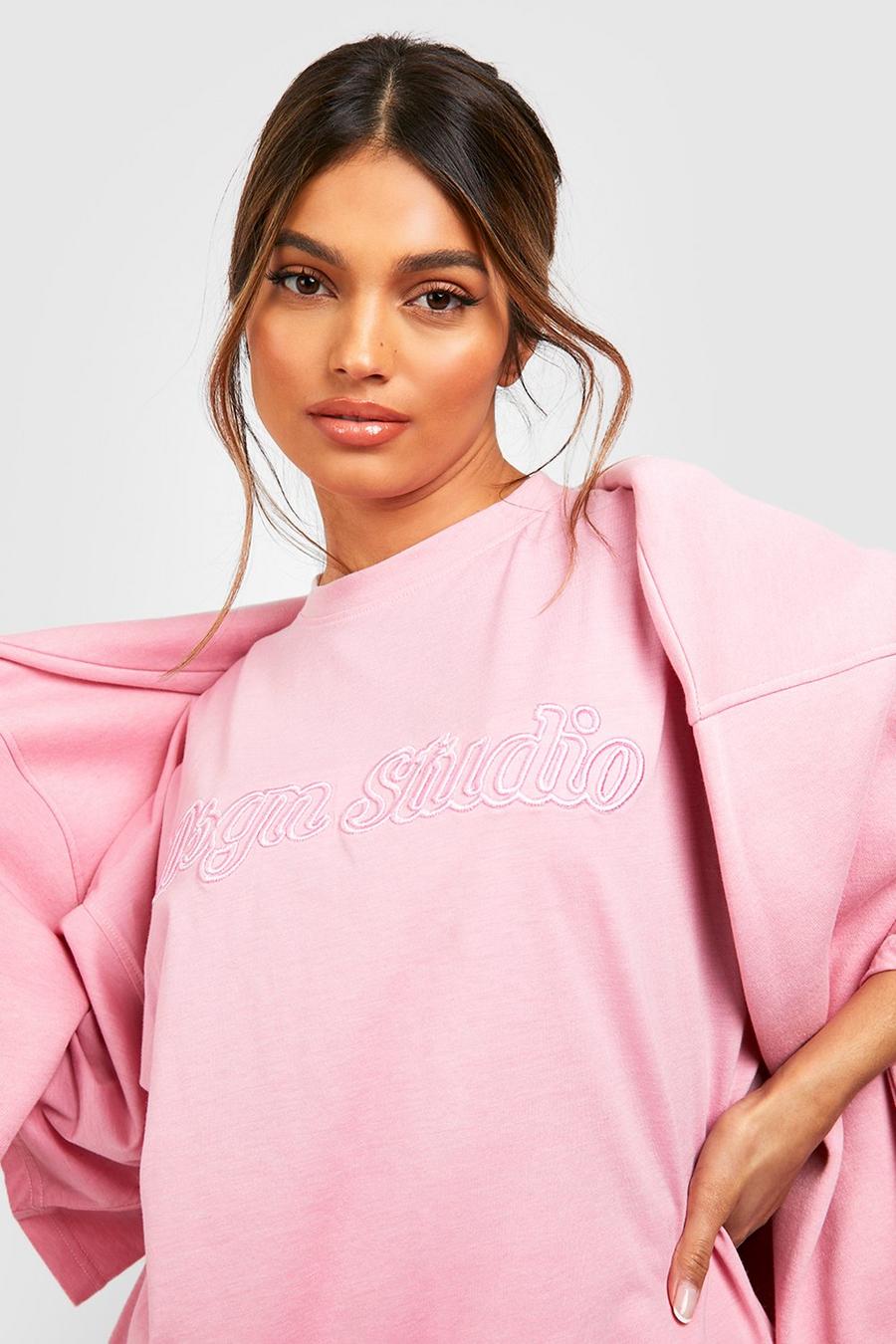 Pink 3d Tonal Embroidered Slogan Oversized T-shirt image number 1