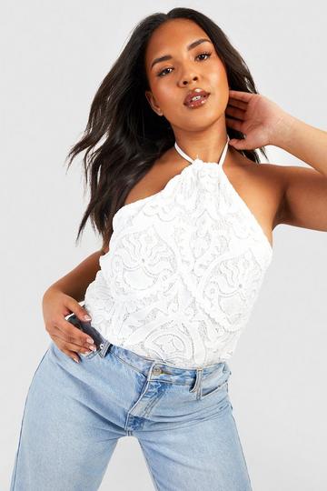 Plus Lace Halter Corset Detail Bodysuit white