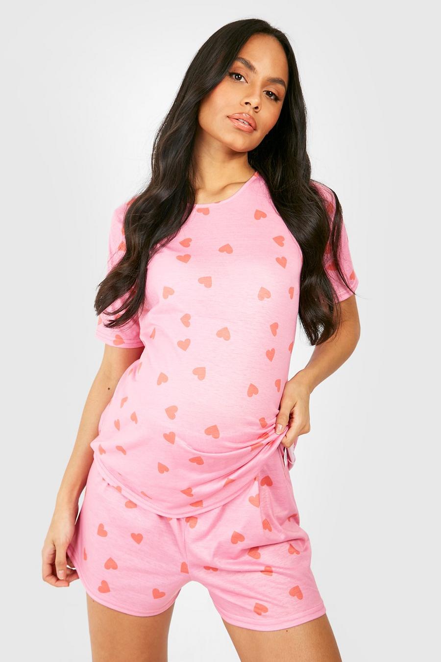 Pink Maternity Love Heart Pajama Short Set image number 1
