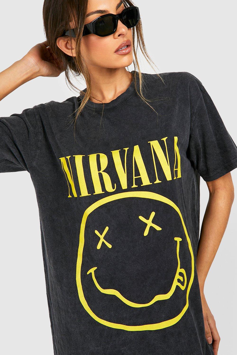 Women's Nirvana Acid Wash Slogan Smiley T-shirt Dress | Boohoo UK