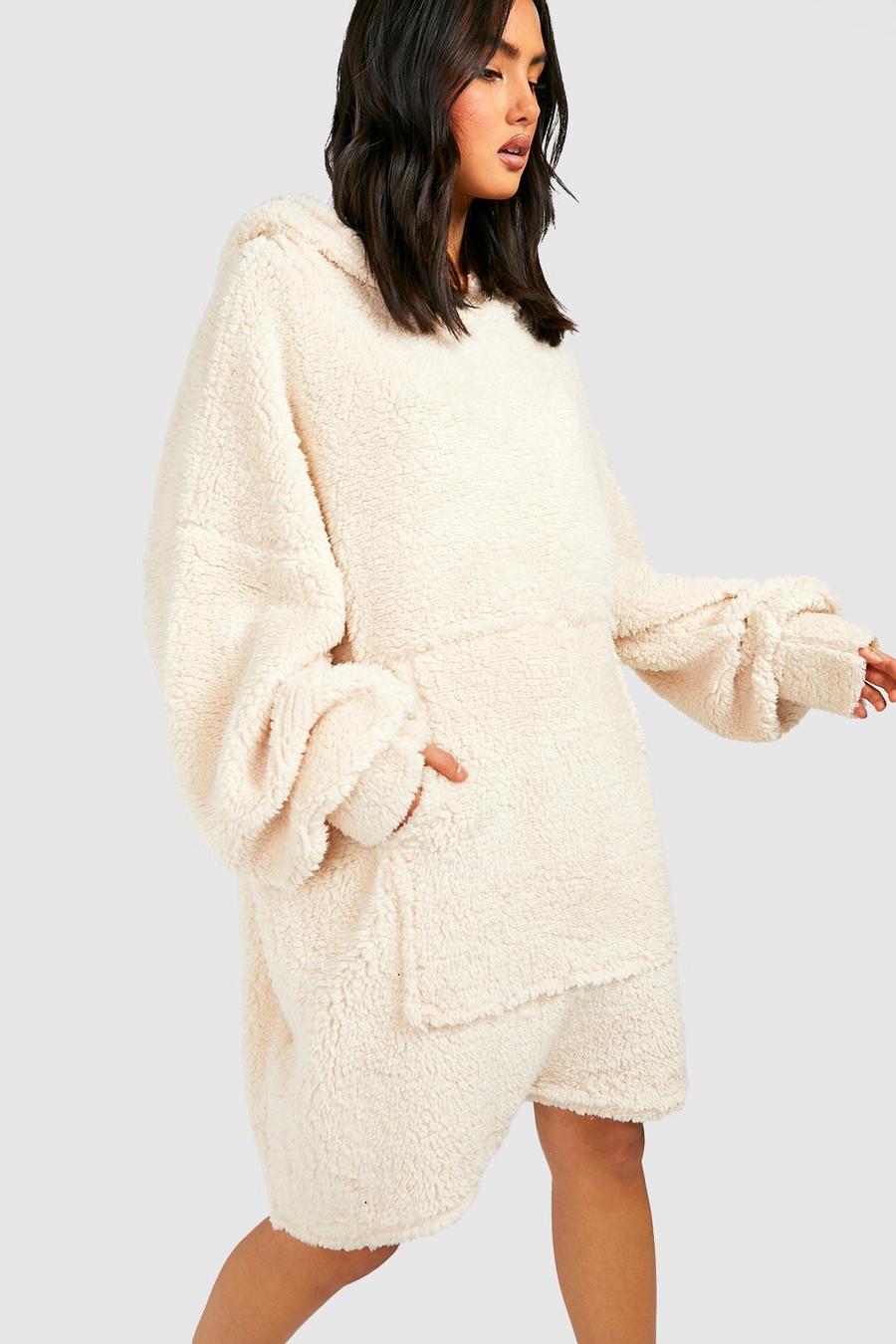 Cream Borg Oversized Blanket Hoody  image number 1