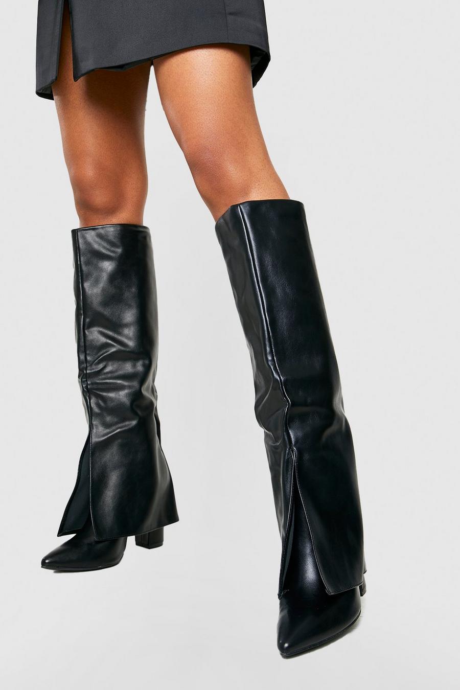 Black svart Fold Over Knee High Boots