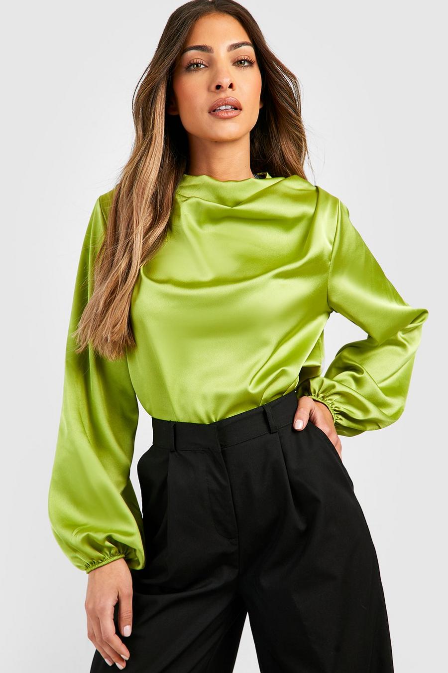 Chartreuse Satin Draped Neck Puff Sleeve Blouse image number 1
