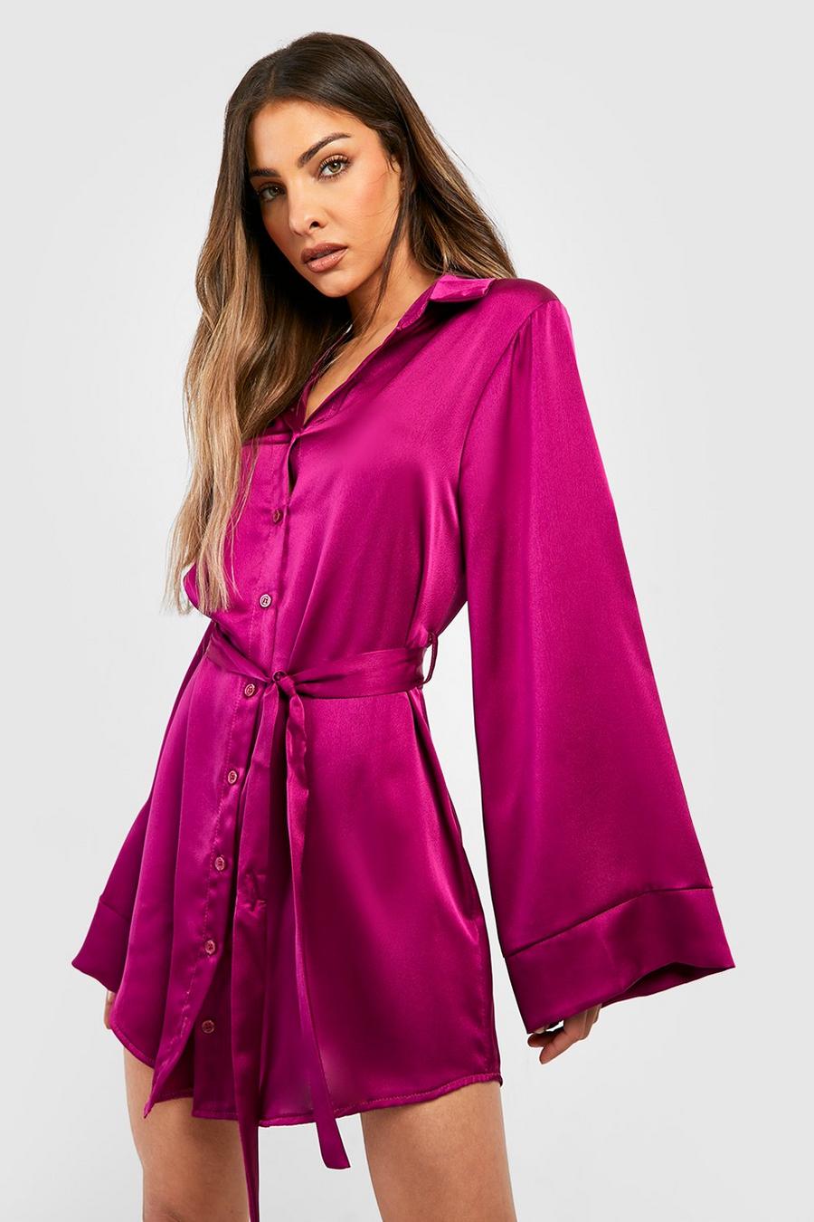 Magenta pink Satin Kimono Sleeve Knot Front Shirt Dress image number 1