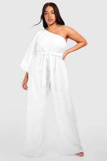 White Plus Woven One Shoulder Belted Jumpsuit