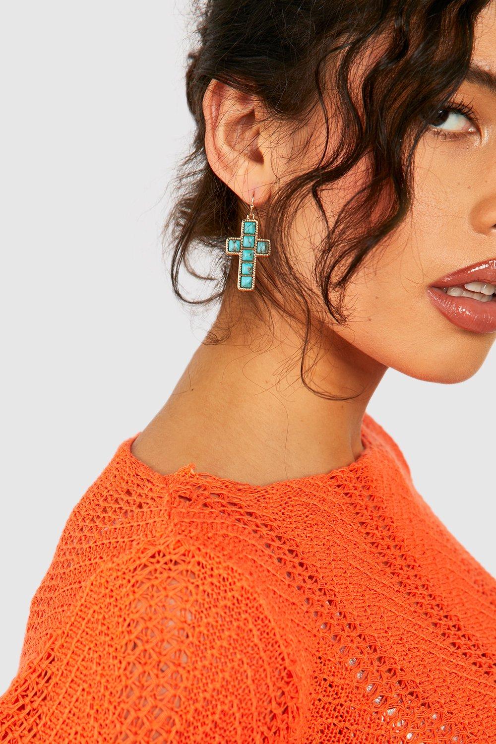 Blue store cross earrings