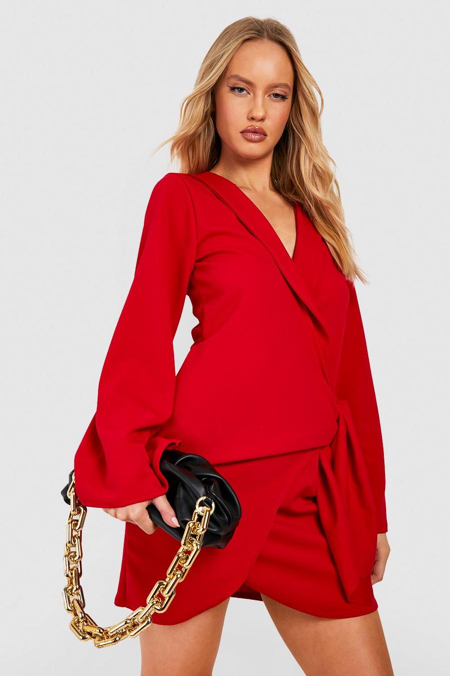 Red Tall Wrap Tie Mini Flare Sleeve Jersey Blazer Dress image number 1