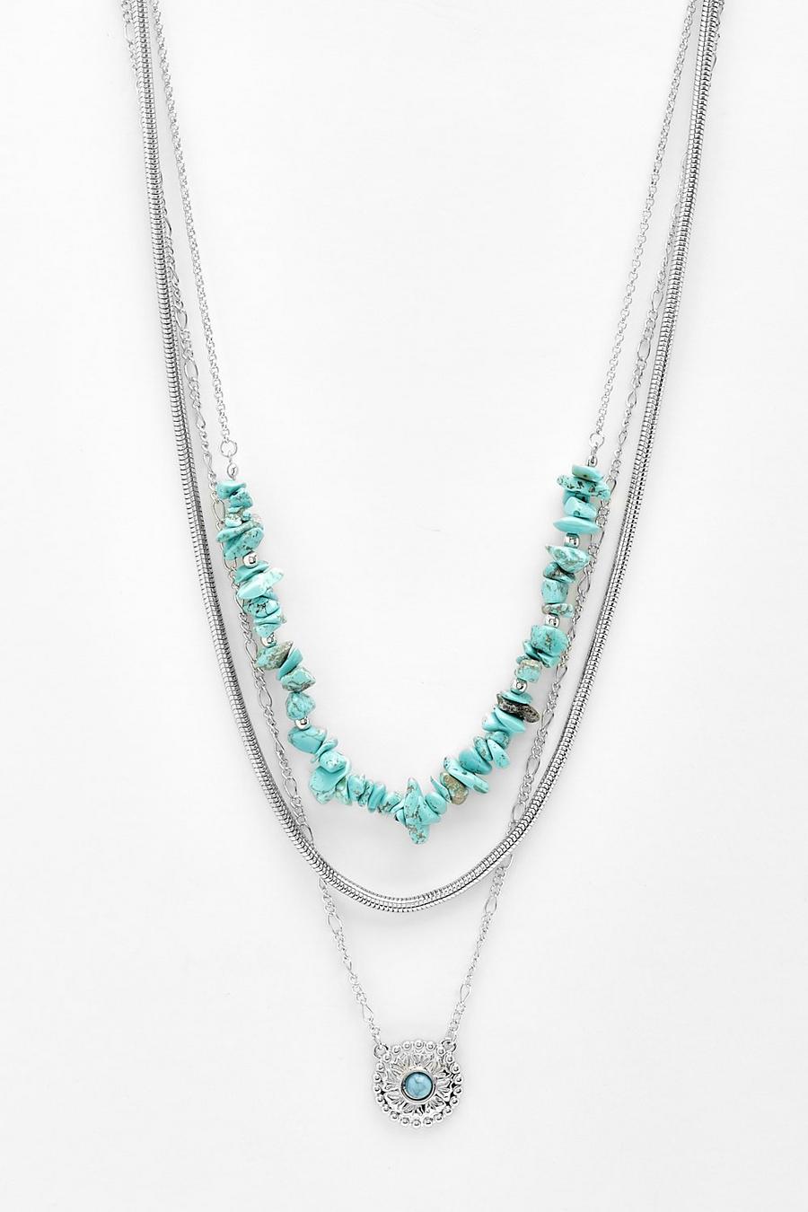 Silver Blue Stone Multi Layer Necklace