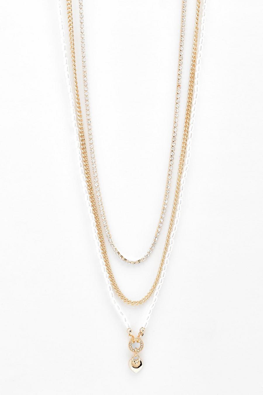 Gold metallic Heart Charm Pearl Multi Layer Necklace