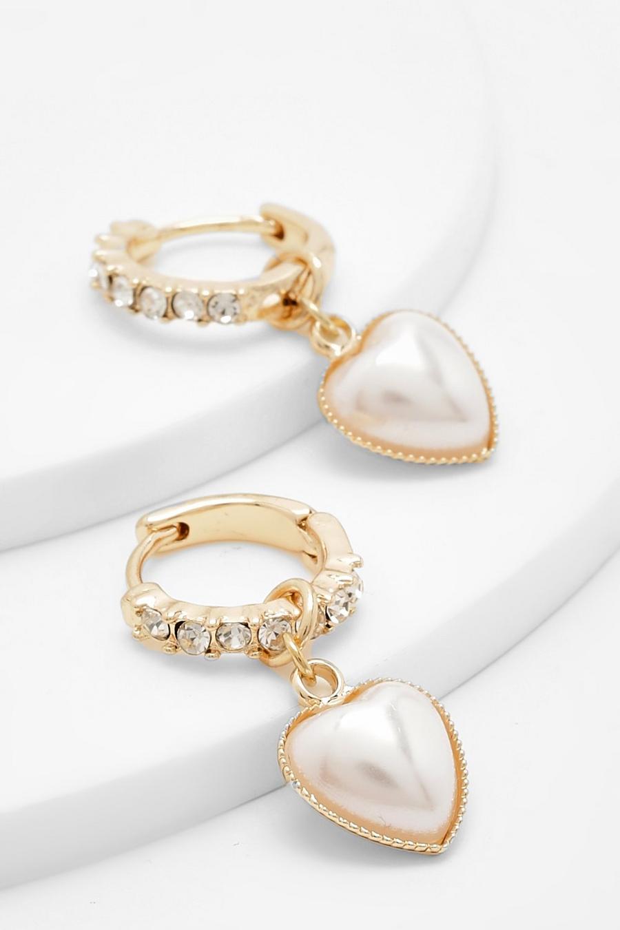 Créoles perlées strassées en forme de cœur, White image number 1
