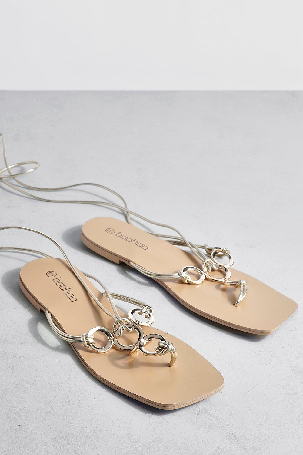 Ring Detail Lace Up Flat Sandals