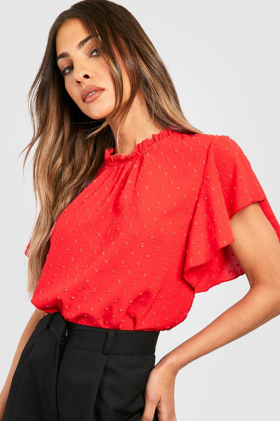 Red Dobby Flared Sleeve Blouse image number 1