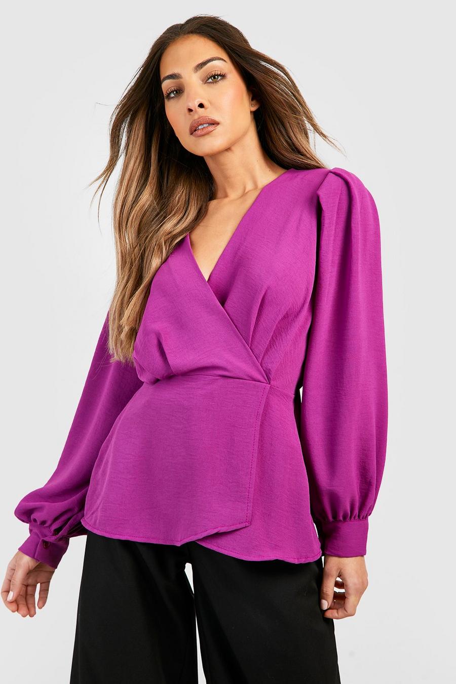 Raspberry Hammered Wrap Front Pep Hem Blouse image number 1