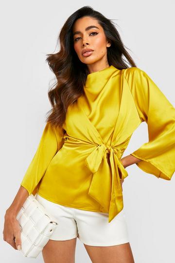 Satin Flute Sleeve Knot Front Blouse ochre