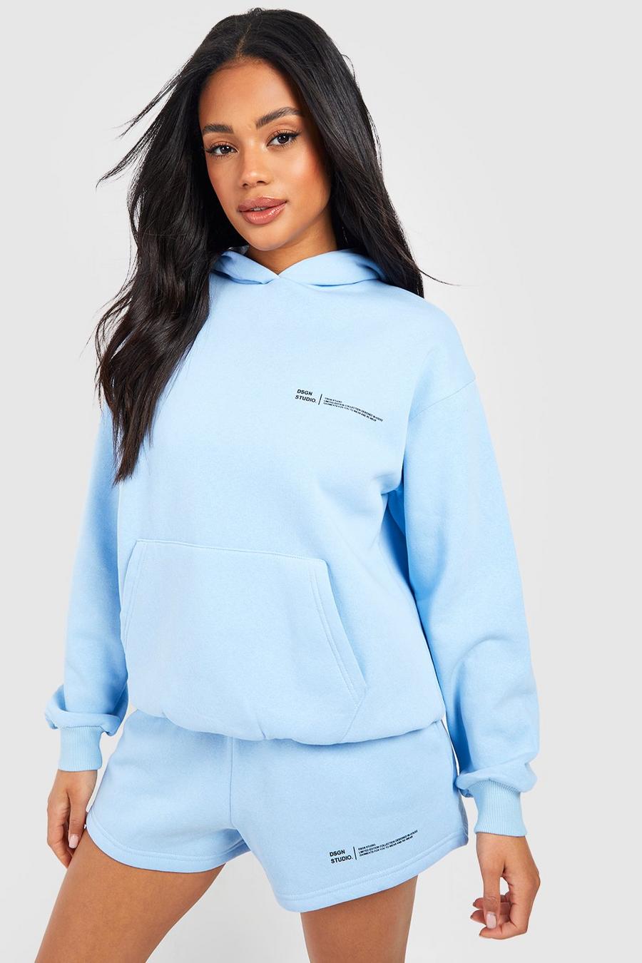 Baby blue Text Print Slogan Hooded Short Tracksuit image number 1