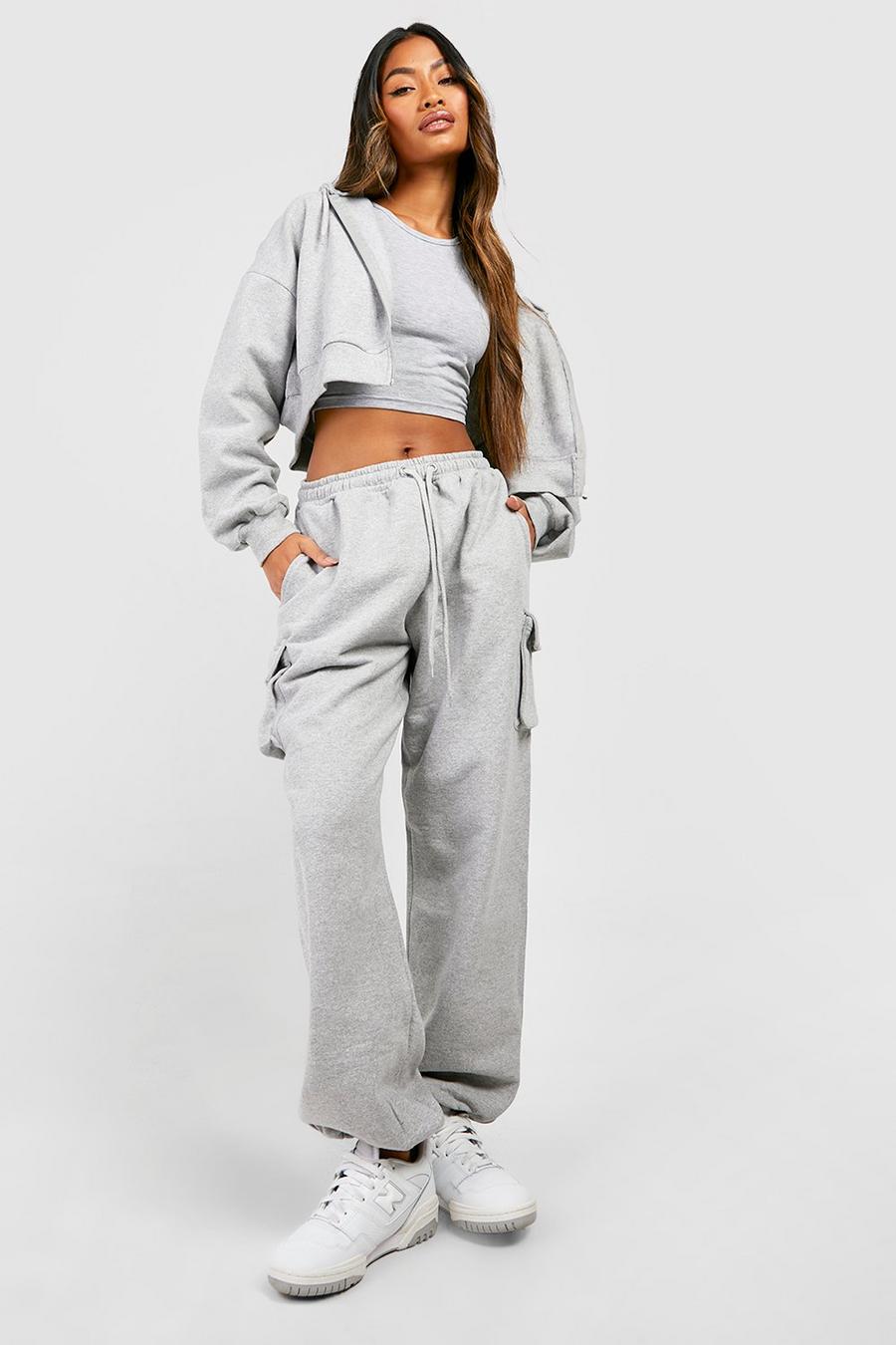 Ash grey 3 Piece Cropped Zip Through Hooded Tracksuit image number 1