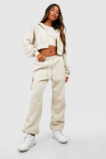 Stone Beige 3 Piece Cropped Zip Through Hooded Tracksuit