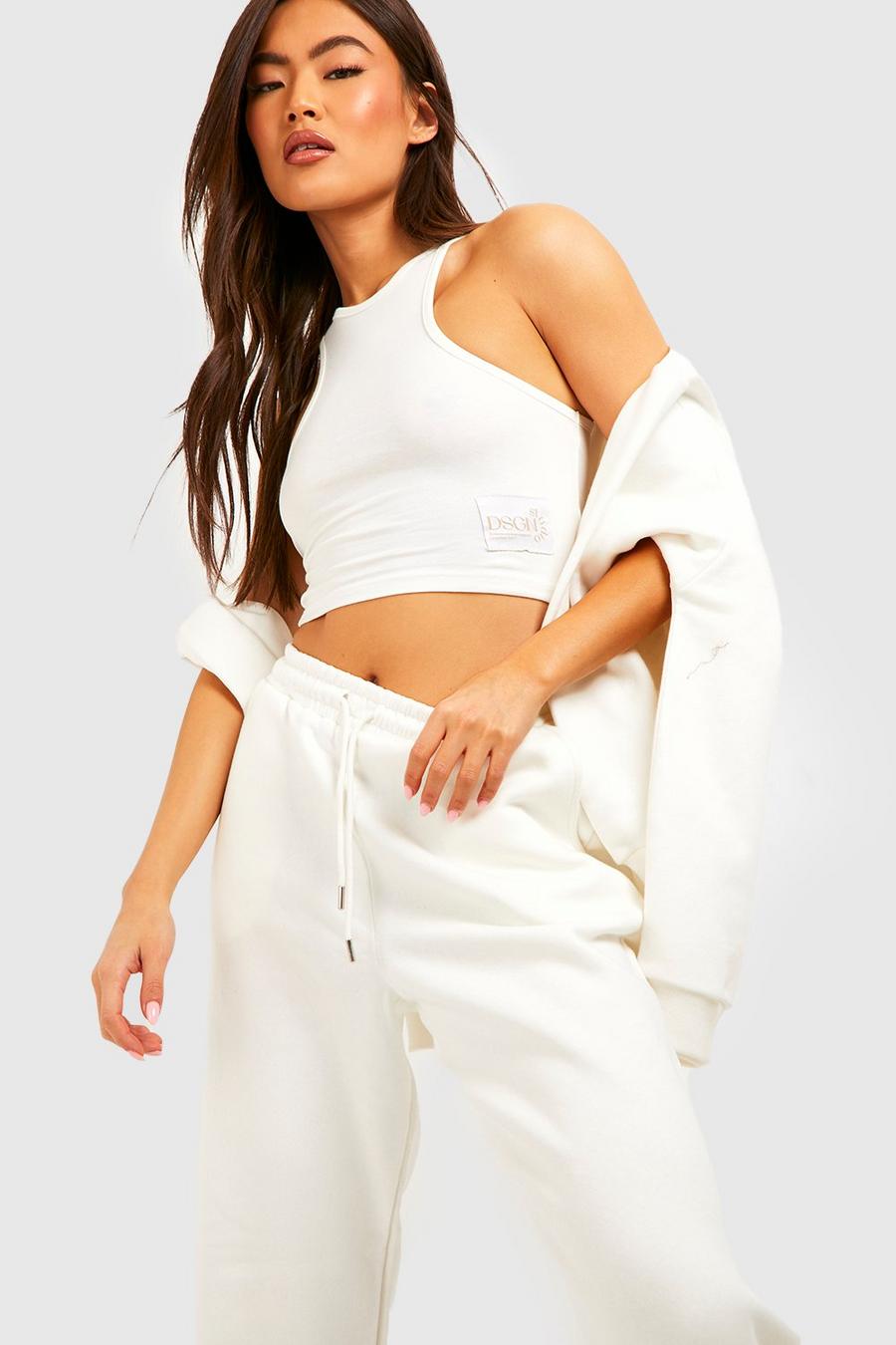 Ecru white Woven Label Racer Crop And Jogger Set
