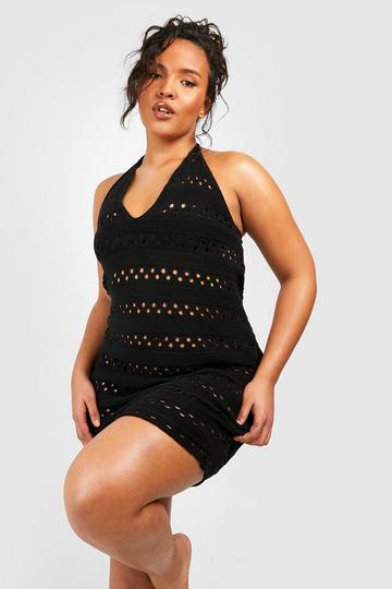 Black Plus Crochet Knitted Halter Beach Dress