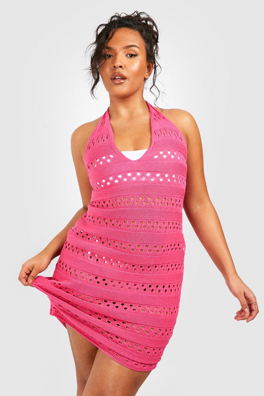 Pink Plus Crochet Knitted Halter Neck Beach Dress