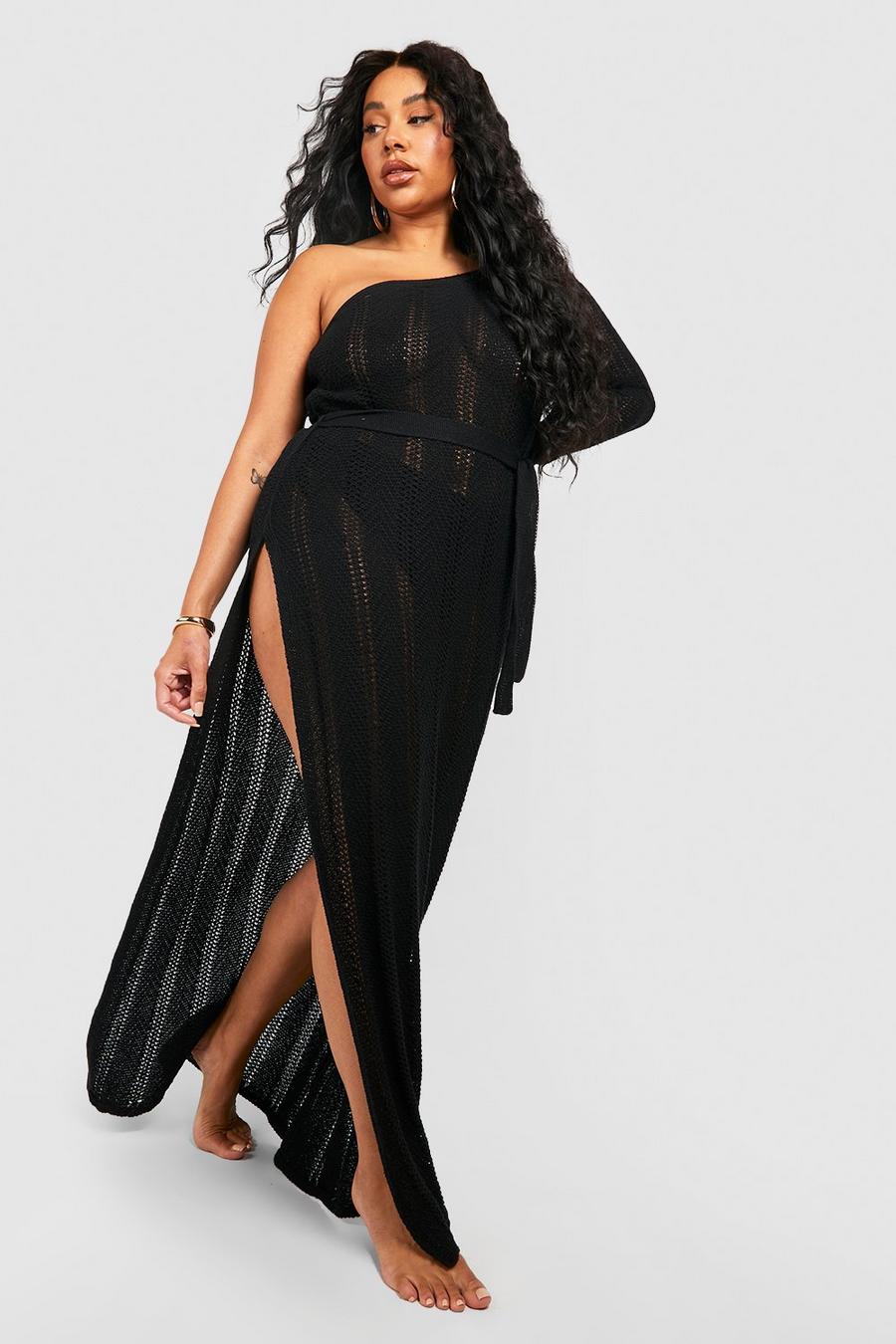 Black Plus One Shoulder Crochet Beach Dress image number 1