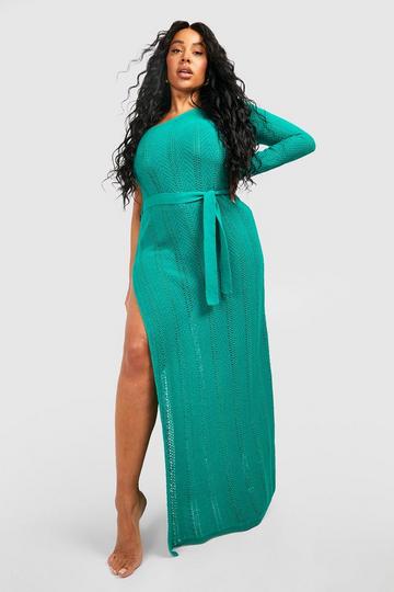 Plus One Shoulder Crochet Beach Dress green