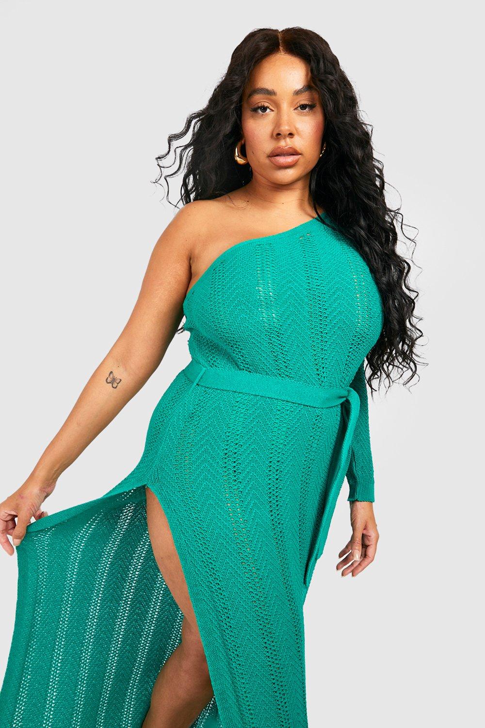 Plus One Shoulder Crochet Beach Dress boohoo USA