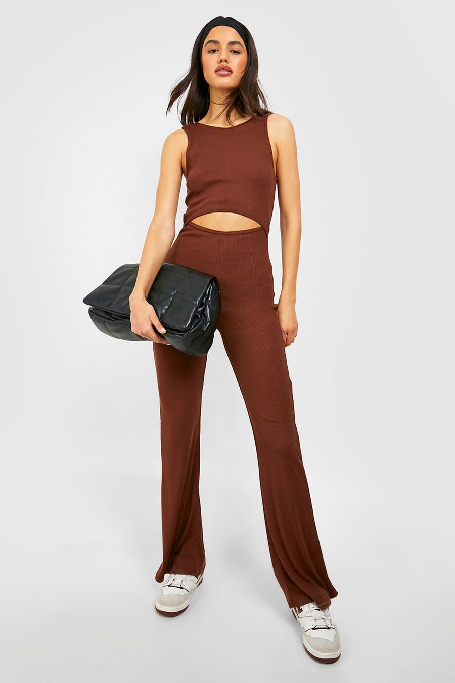 Chocolate Cut Out Flare Leg Jumpsuit image number 1