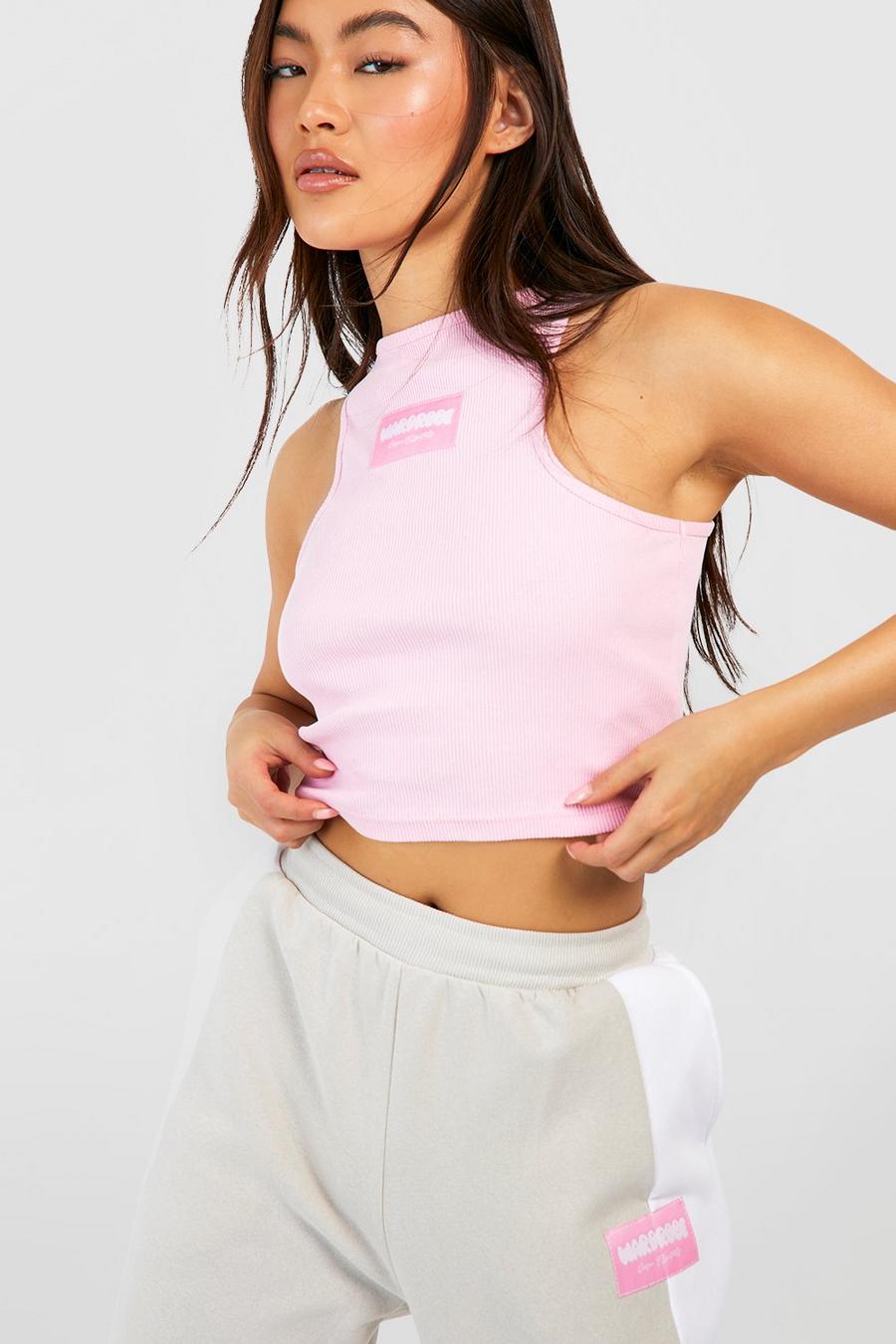 Pink Woven Tab Ribbed Crop Racer Top image number 1