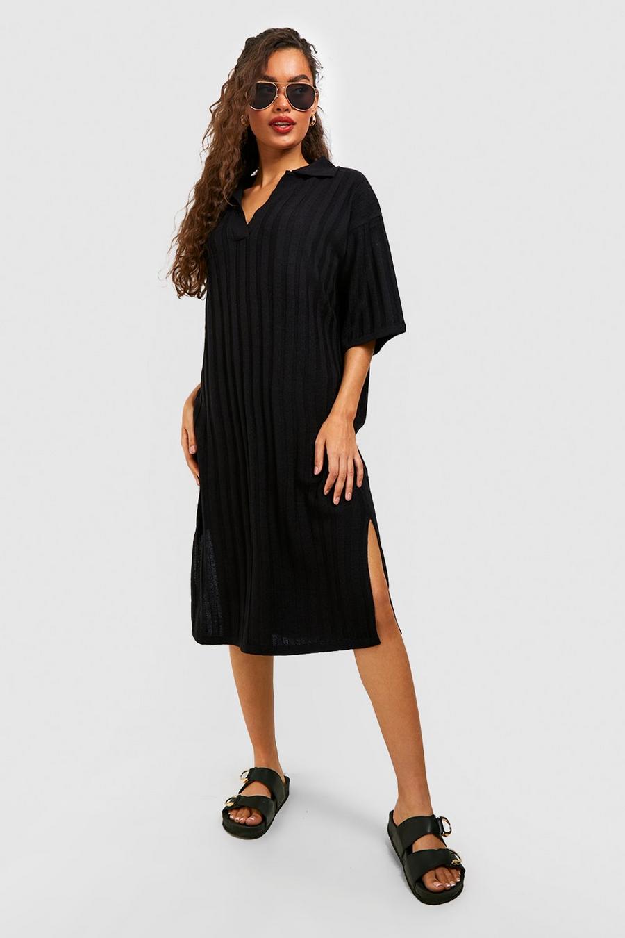 Black Wide Rib Collared Knitted Dress