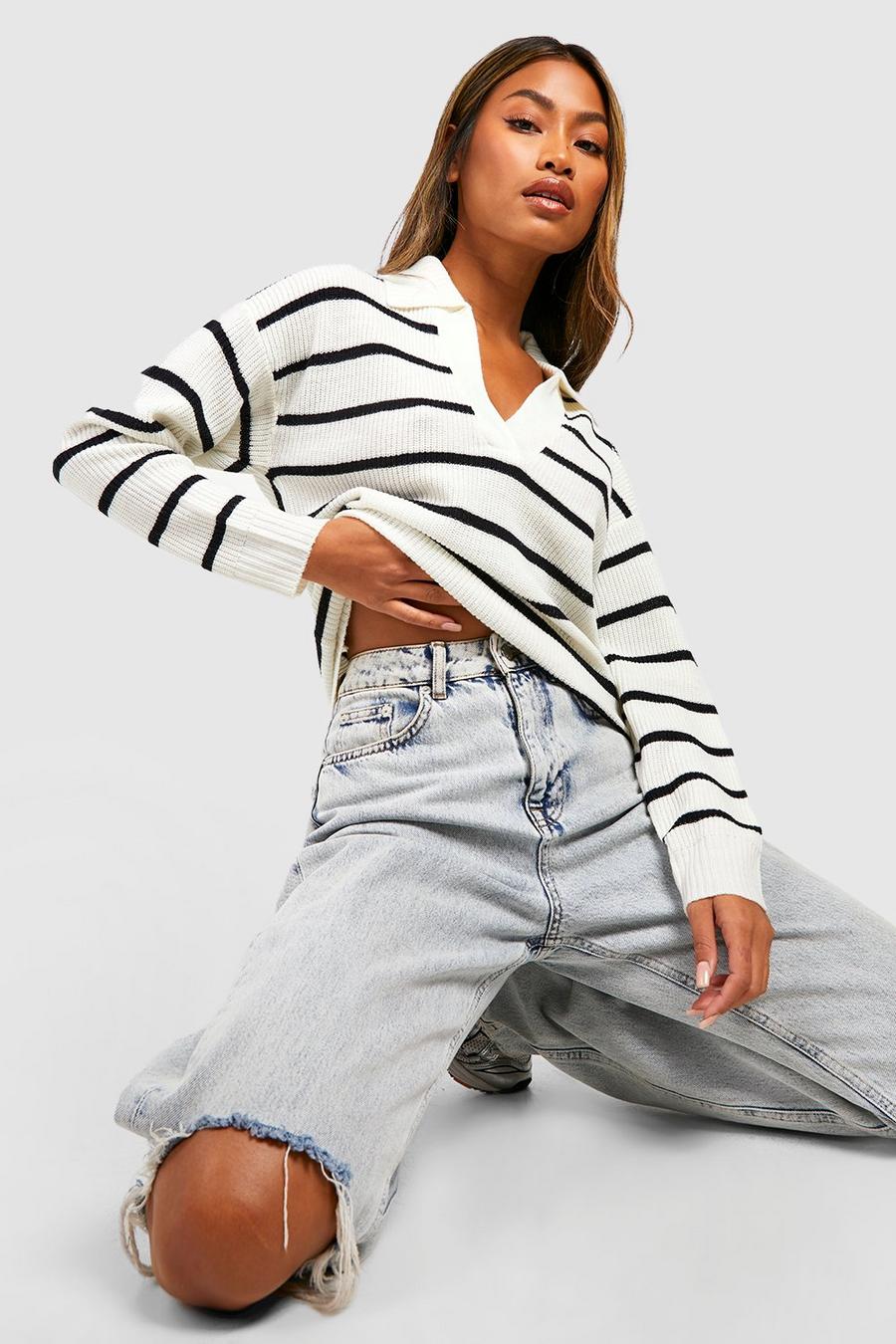 Ivory white Stripe Polo Collar Sweater