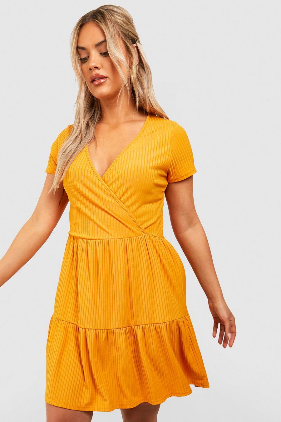 Mustard Plus Ribbed Tiered Wrap Dress image number 1