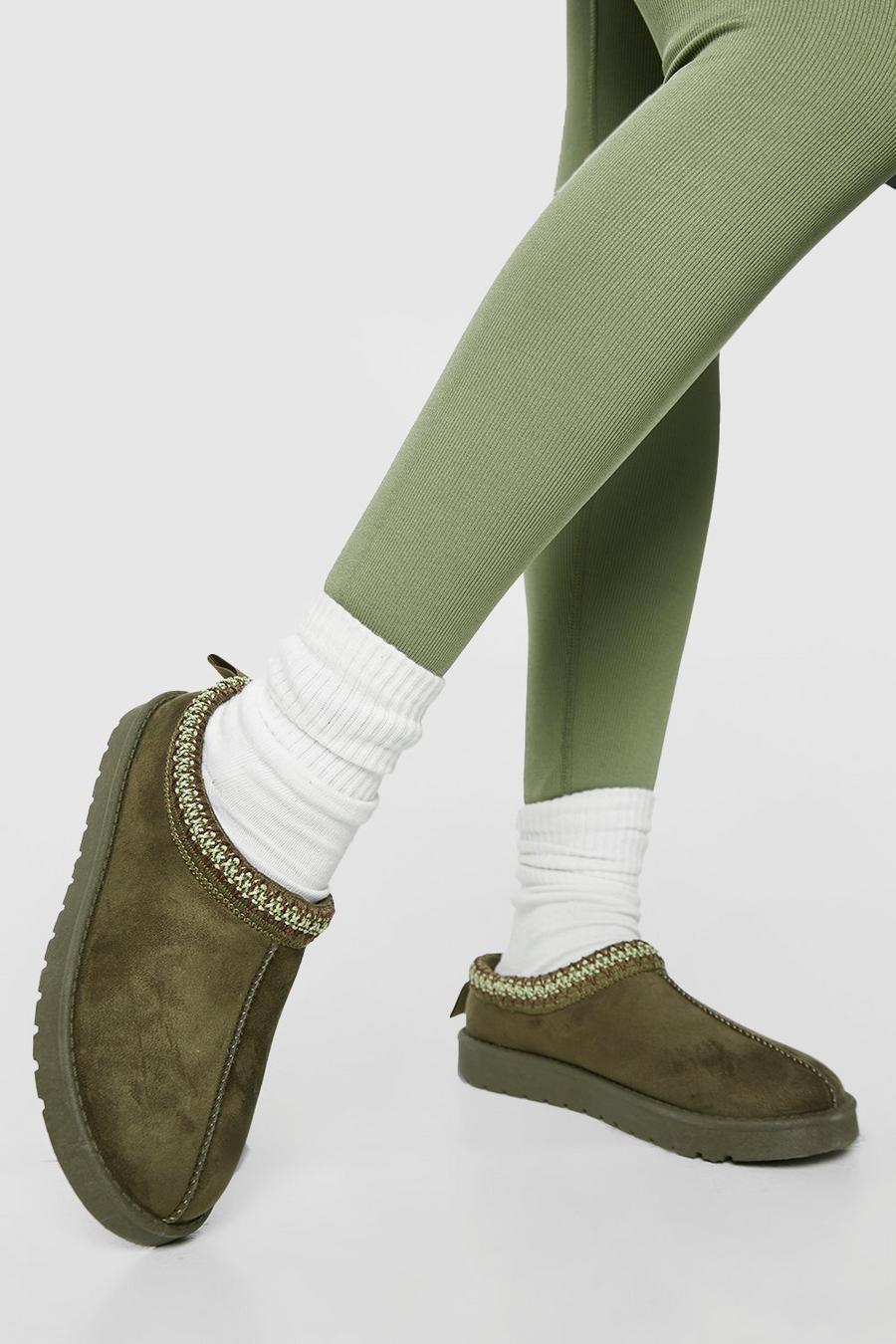 Olive Embroidered Slip On Cozy Mules image number 1