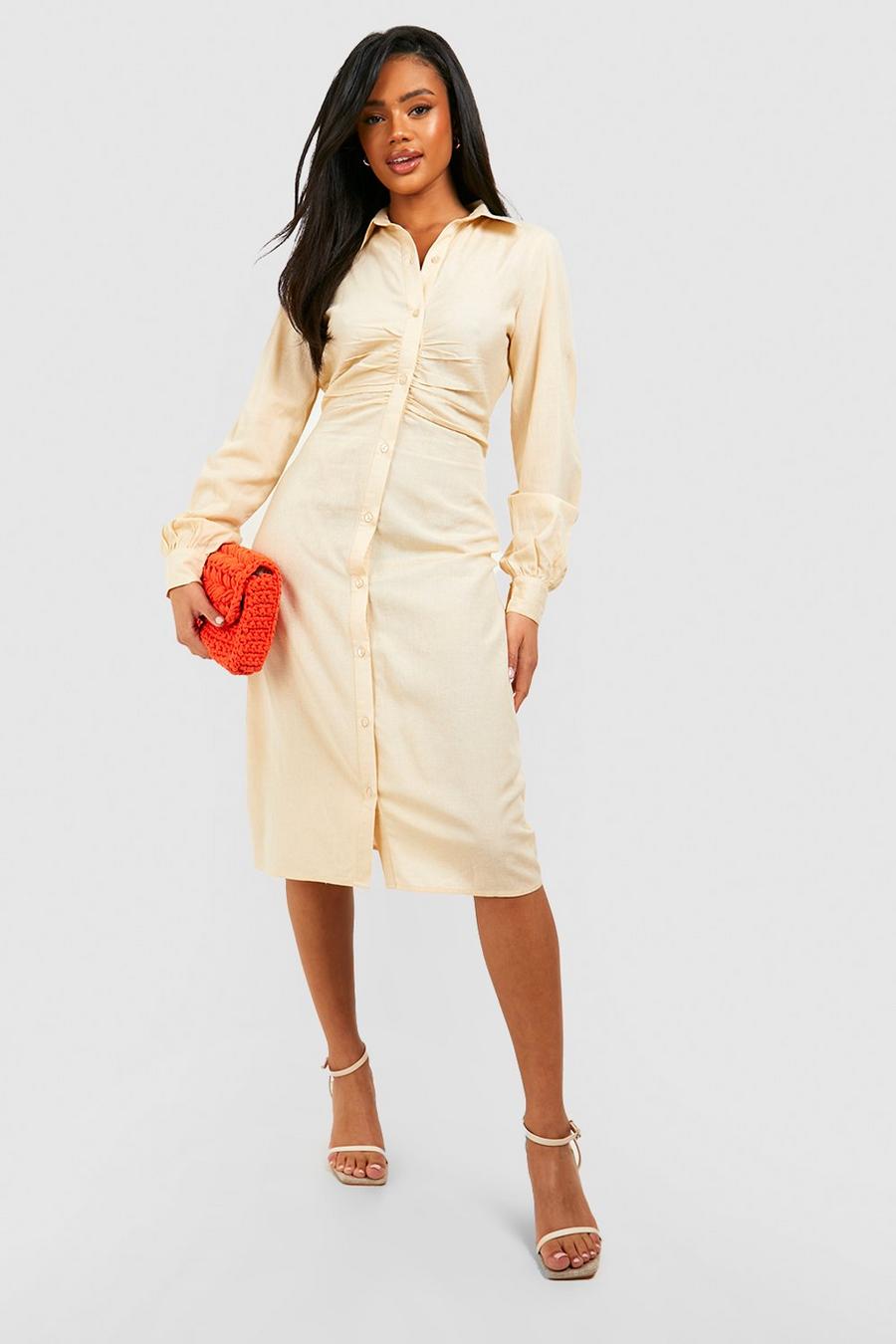 Stone Linen Ruched Midi Shirt Dress image number 1
