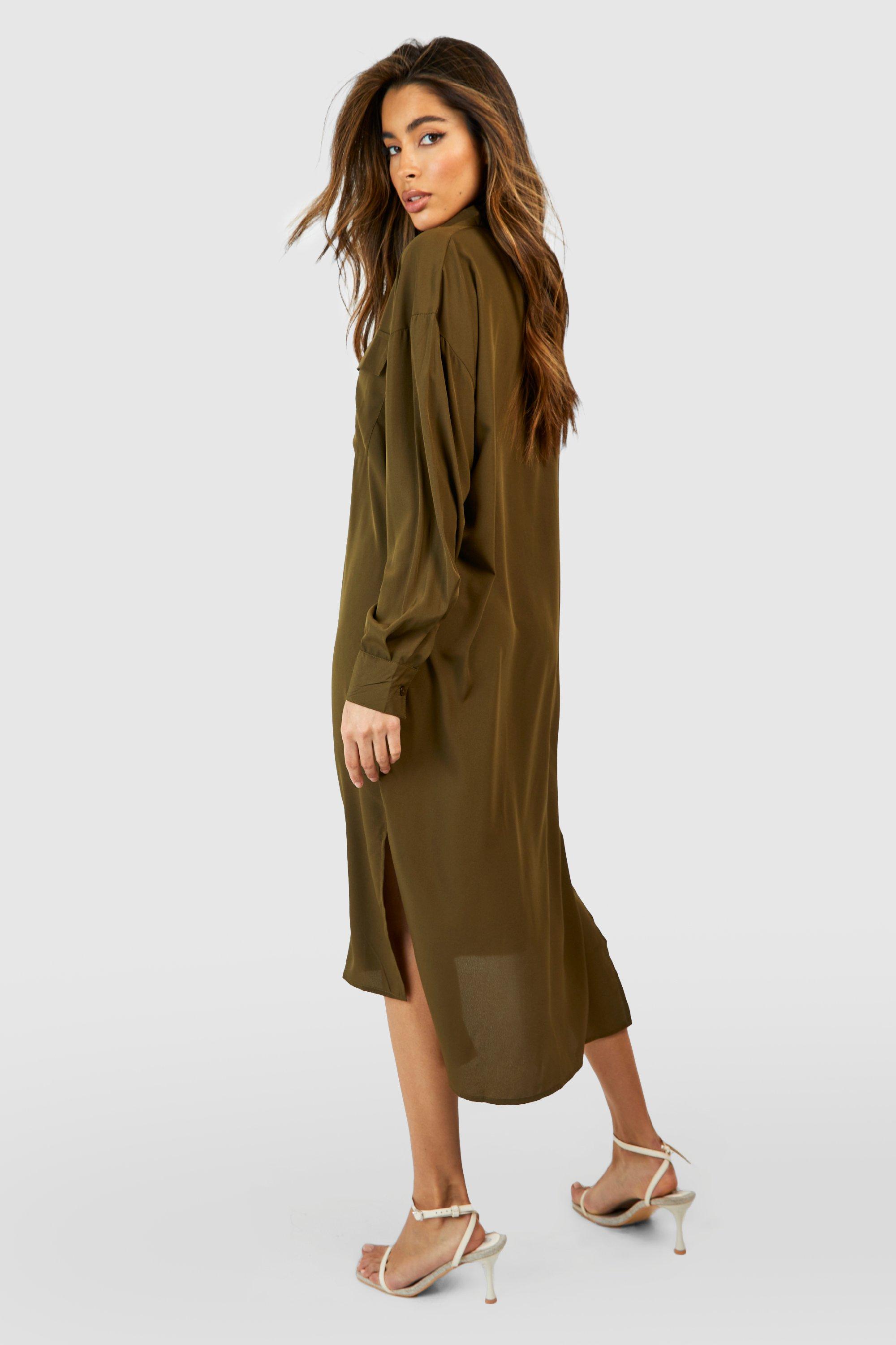 Khaki shirt hotsell dress midi