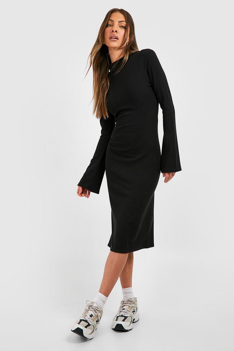 Women's Ripple Rib High Neck Flare Sleeve Midi Dress | Boohoo UK