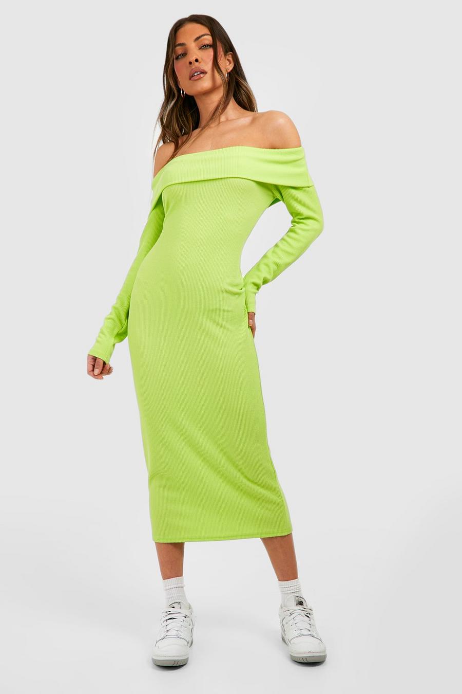 Lime green Ripple Rib Off The Shoulder Midi Dress