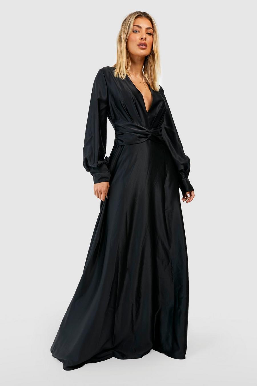 Vestito maxi in raso con dettagli attorcigliati, Black image number 1