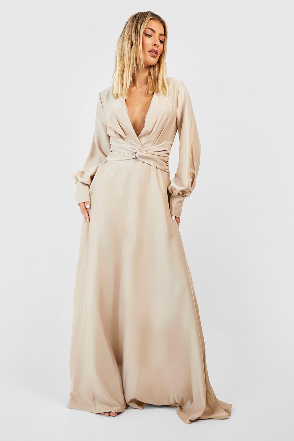 MISH Beige Satin V Neck Maxi Dress