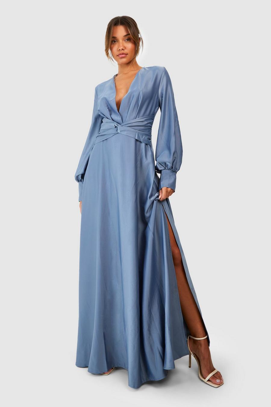 Robe longue satinée torsadée, Dusty blue image number 1