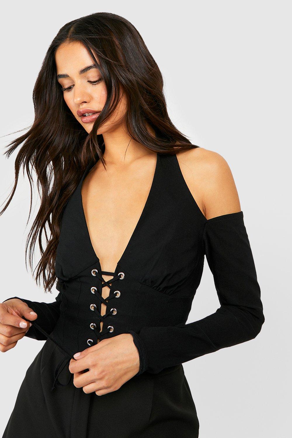 Halter Neck Lace Up Bengaline Corset Top boohoo