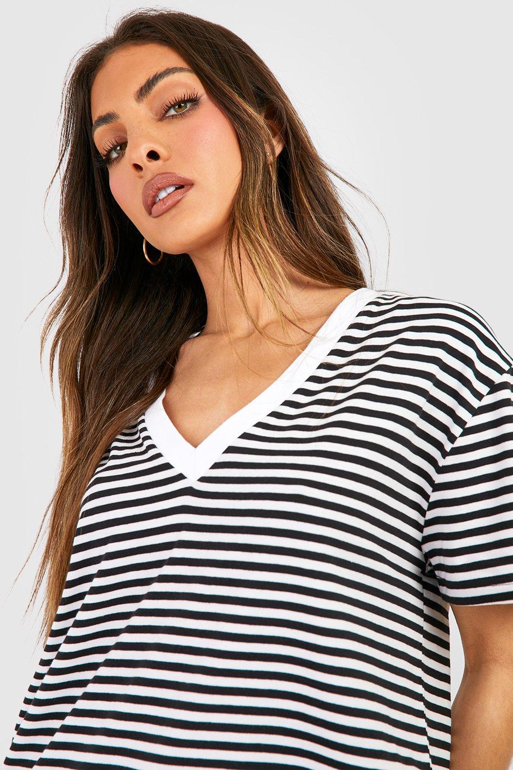 Black and white striped v neck t on sale shirt